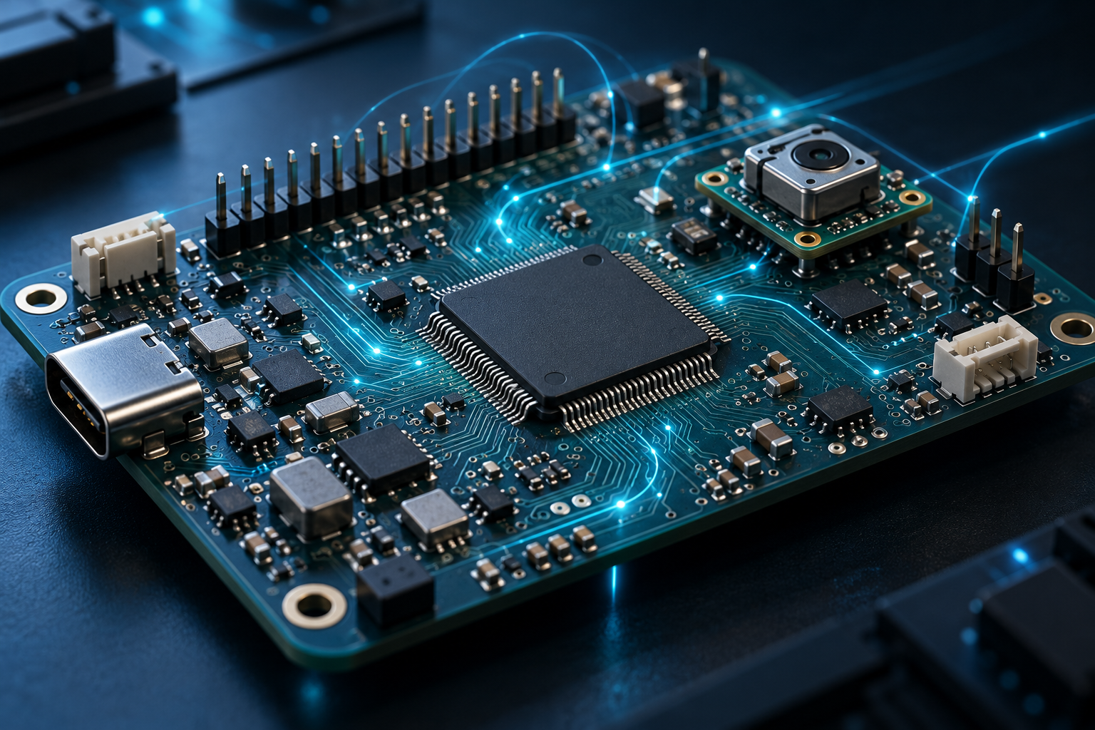 An embedded circuit board with a microcontroller, connectors and glowing signal traces