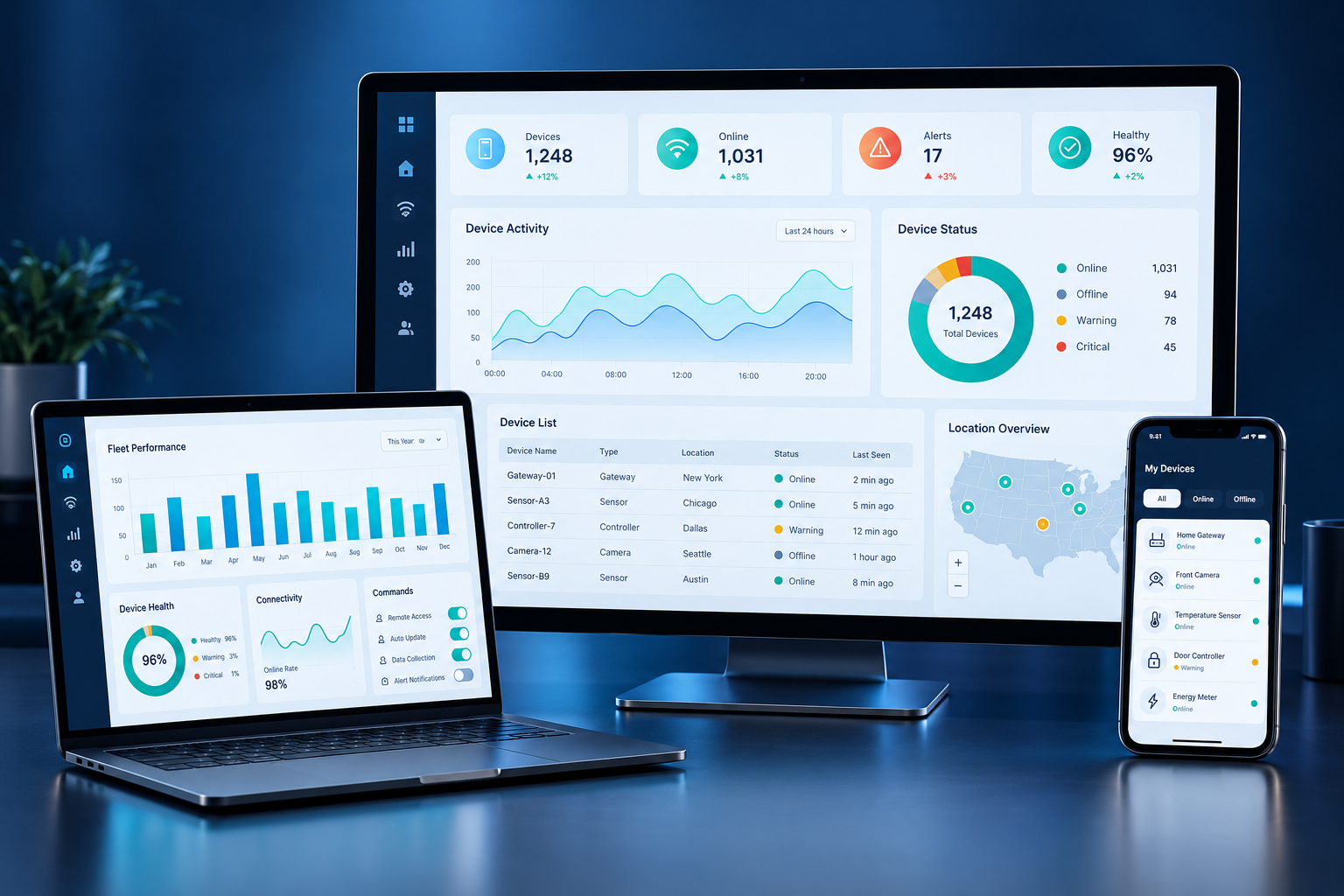 Application panels showing operational data from connected devices